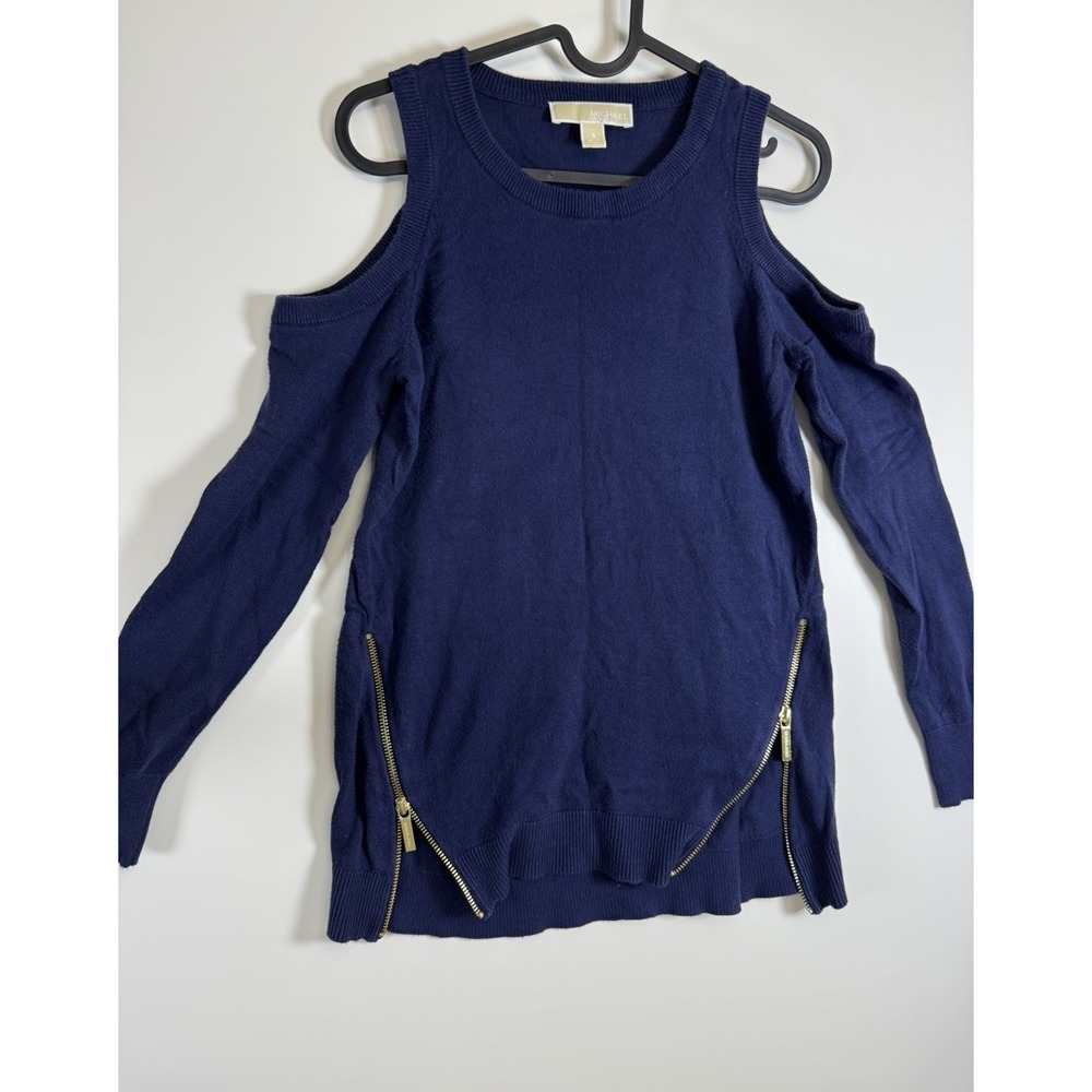 Michael Kors Womens Blue Long Sleeve‎ Cut Out Shouders Zippered Sweater Small